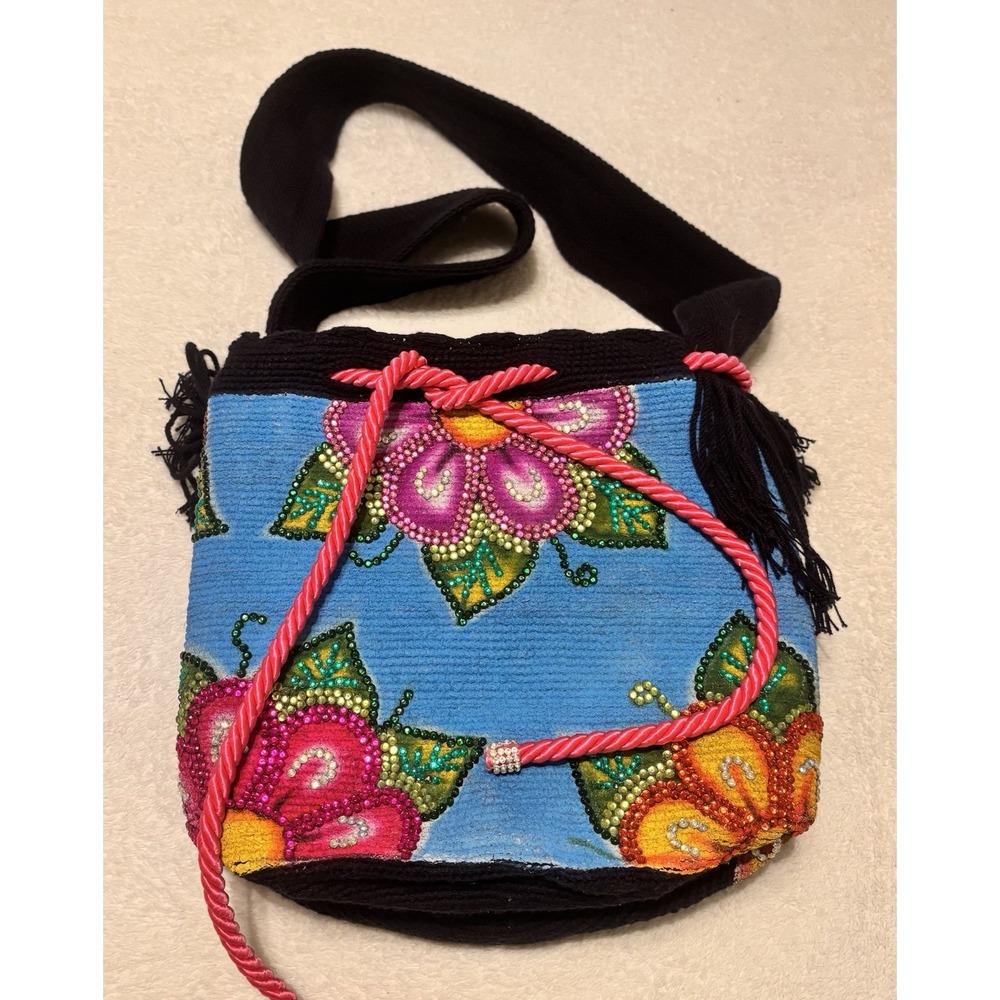 Gladys Gonzalez Hand Painted Rhinestone Mochila Bucket Bag Woven Crossbody READ